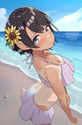  beach bikini bikini_skirt blue_eyes blue_sky blush breasts brown_hair cleavage cloud female flower frilled_bikini frills hair_flower hair_ornament highres hololive medium_breasts oozora_subaru sand short_hair sky solo sunflower swimsuit taachika tan tanlines virtual_youtuber water white_bikini 