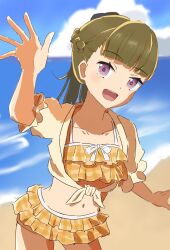  :d arm_up bikini blurry blurry_background breasts brown_hair center-flap_bangs collarbone commentary cowboy_shot female frilled_bikini frilled_sleeves frills half_up_braid highres jacket kachimachi_kosuzu link!_like!_love_live! long_hair looking_at_viewer love_live! midriff misoshiru._(hss_llnl) navel official_alternate_costume official_alternate_hairstyle open_hand open_mouth pink_eyes plaid_bikini plaid_clothes revision short-sleeved_jacket short_sleeves small_breasts smile solo swimsuit tied_jacket virtual_youtuber yellow_bikini yellow_jacket 