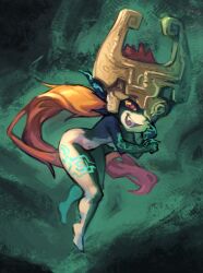  absurdres black_skin colored_sclera colored_skin female full_body glowing_markings helmet highres imp long_hair midna multicolored_skin navel oerba_yun_fang one_eye_covered open_mouth piku184 pointy_ears red_eyes solo the_legend_of_zelda the_legend_of_zelda:_twilight_princess two-tone_skin white_skin yellow_sclera 