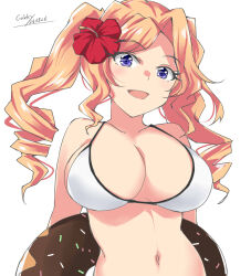  artist_name bikini blonde_hair blue_eyes blush breasts cleavage collarbone dated drill_hair female flower gakky hair_flower hair_ornament hibiscus highres honolulu_(kancolle) honolulu_(swimsuit_mode)_(kancolle) innertube kantai_collection large_breasts long_hair looking_at_viewer navel red_flower side-tie_bikini_bottom smile solo swim_ring swimsuit twin_drills twintails upper_body white_background white_bikini 