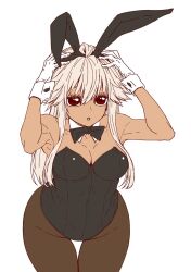  adjusting_clothes adjusting_headwear animal_ears armpits black_bow black_bowtie black_leotard bow bowtie breasts brown_pantyhose cleavage dark_elf elf eyebrows_hidden_by_hair fake_animal_ears female gloves hair_between_eyes highres large_breasts leaning_forward leotard long_hair looking_at_viewer ogino_ken open_mouth pantyhose playboy_bunny pointy_ears reanette_elfelt red_eyes shinmai_ossan_bokensha simple_background solo thigh_gap white_background white_gloves white_hair white_wrist_cuffs wrist_cuffs 