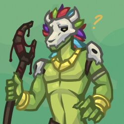  anthro athletic athletic_anthro athletic_male black_sclera feathers green_body hi_res humanoid_hands jewelry lizard looking_at_viewer male mask misckass question_mark reptile scalie shirtless shirtless_anthro shirtless_male skull_mask solo terraria witch_doctor_(terraria) yellow_eyes 