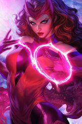  black_bodysuit bodysuit breasts brown_hair clothing_cutout elbow_gloves female gloves green_eyes highres leotard long_hair looking_at_viewer magic marvel pantyhose red_gloves red_leotard red_lips scarlet_witch shoulder_cutout solo stanley_lau strapless strapless_leotard wanda_maximoff 