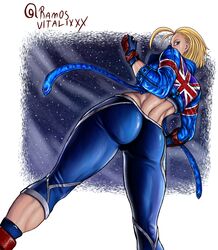  1girls @_@ ass ass_focus blonde_hair blue_background blue_eyes blue_jacket blue_legwear blue_shirt cammy_white female female_only flag fully_clothed gloves hi_res jacket legs legwear looking_at_viewer looking_back looking_down medium_ass night night_background ramosvitalixxx self_upload sky_background snow solo star_background stars street_fighter street_fighter_6 tight_clothing tight_pants twitter_username union_jack united_kingdom victory_pose video_games window yoga_pants 