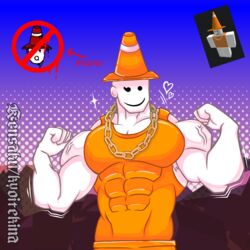  1boy abs armpit_hair armpit_hair_peek armpits bald bara cone_hat flexing juke&#039;s_towers_of_hell kendrick_nsfw male male_only muscles original_character request roblox roblox_avatar robloxian smile tanktop traffic_cone white_skin 