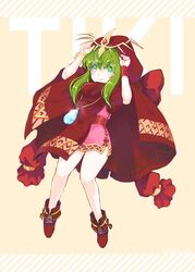  bracelet character_name cloak closed_mouth commentary_request dragonstone dress female fire_emblem fire_emblem:_mystery_of_the_emblem fire_emblem_heroes full_body green_eyes green_hair highres hood hood_up jewelry pink_dress protected_link qumaoto short_dress smile solo stone tiara tiki_(fire_emblem) tiki_(young)_(fire_emblem) wristband 