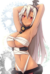  alternate_hair_length alternate_hairstyle armpits arms_up between_breasts blonde_hair bloodhound blush bondage bondage bound bound_wrists breasts budget_sarashi chained_wrists chains chest_sarashi dark-skinned_female dark_skin dress emblem female gears grey_hair hair_down hairband highres kantai_collection large_breasts long_hair looking_at_viewer musashi_(kancolle) navel no_eyewear parted_lips red_eyes sarashi solo sweatdrop tan underboob 