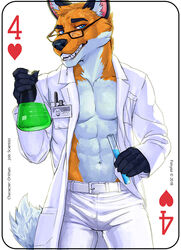  2018 abs anthro blue_eyes bottomwear canid canine card card_template clothed clothing coat copyright_symbol digital_media_(artwork) english_text eyewear fonyaa four_of_hearts fox fur glasses hearts_(suit) holding_object lab_coat looking_at_viewer male mammal muscular muscular_anthro muscular_male orange_body orange_fur orithan pants pecs playing_card playing_card_template red_fox science simple_background smile solo standing symbol teeth text topwear true_fox vial white_background white_body white_fur 