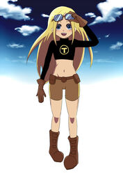  bike_shorts blonde_hair blue_eyes boots dc_comics female gloves goggles goggles_on_head long_sleeves midriff shorts smile solo teen_titans terra_(dc) 