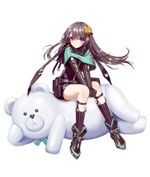  ankle_boots armor armored_boots bangs bear_hair_ornament belt belt_pouch beltskirt black_hair black_jacket blunt_bangs boots capelet closed_mouth floating_hair full_body hair_ornament iron_saga jacket long_hair looking_at_viewer pouch red_eyes shorts sitting socks solo striped striped_legwear stuffed_animal stuffed_toy su_rui_(iron_saga) teddy_bear v_arms vertical-striped_legwear vertical_stripes white_background zjsstc 