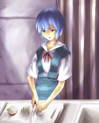  ayanami_rei bad_id bad_pixiv_id blue_hair cooking counter cutting cutting_board cutting_onions female food kitchen_knife knife neon_genesis_evangelion onion red_eyes school_uniform short_hair sink solo tears yosa 