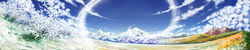  blue_sky cirno cloud cloudy_sky commentary_request female fisheye grass highres landscape mountainous_horizon outdoors same_2009 scenery sky solo touhou wide_image 