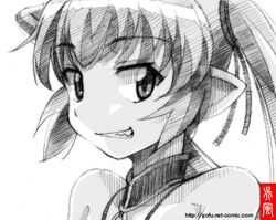  commentary_request female gofu greyscale grin looking_at_viewer monochrome pachira pointy_ears portrait renkin_san-kyuu_magical_pokaan smile solo spot_color traditional_media twintails watermark web_address 