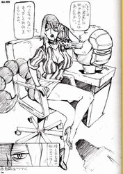  1boy adiane breasts cigarette cleavage eyepatch female guame gun high_heels large_breasts official_art scan scorpion_tail shoes sketch tail tengen_toppa_gurren_lagann tengen_toppa_gurren_lagann:_parallel_works translation_request viral_(ttgl) weapon 