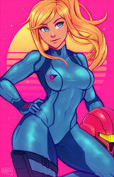  1girls armor beauty_spot blonde_hair blue_eyes bodysuit elegant fit_female helmet helmet_with_visor holding_headgear holding_helmet holding_object iahfy metroid nintendo ponytail samus_aran synthwave varia_suit_helmet zero_suit zero_suit_samus 