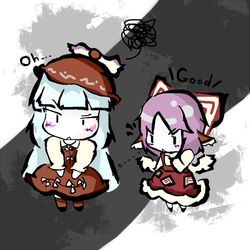  2girls :&lt; animal_ears blush bow chibi commentary_request cosplay costume_switch dress embarrassed fujiwara_no_mokou fujiwara_no_mokou_(cosplay) hair_ribbon hairbow long_hair long_sleeves multiple_girls mystia_lorelei mystia_lorelei_(cosplay) night_sparrow_love okami_(kami_soubi) pink_hair ribbon touhou white_hair wings 