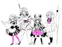  4girls armor bad_id bad_pixiv_id bin_(ramune_bin) cyclops dress hairband hand_fan helmet japanese_armor kabuto_(helmet) long_hair maid maid_headdress monster_girl mouri_teru multiple_girls naginata nib_pen_(object) nogiku oda_kou one-eyed pen polearm ponytail rance_(series) samurai sandals sengoku_rance senhime short_hair skirt spear spot_color thighhighs trait_connection very_long_hair war_fan weapon wrist_cuffs 