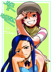  2girls aoba_(smartbeat) bare_shoulders beret black_eyes blue_eyes blue_hair blush collarbone detached_collar dress grin hat juliet_nao_zhang looking_at_viewer multiple_girls my-otome natsuki_kruger red_hair scarf shirt short_sleeves smile strapless strapless_dress striped_clothes striped_shirt suspenders teeth upper_body 