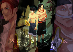  004-nadleeh 6+boys black_hair commentary edward_newgate facial_hair gol_d._roger hat male_focus monkey_d._dragon monkey_d._luffy moustache multiple_boys one_piece photoshop_(medium) portgas_d._ace red_hair scar shanks_(one_piece) straw_hat tattoo topless_male 