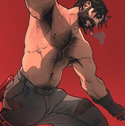  1boy arm_hair armpit_hair armpits arms_up bara beard bearded big_arms black_hair body_hair chest_hair chris_sdd daddy dilf graves_(league_of_legends) hairy hairy_armpits hairy_arms hairy_body hairy_chest hairy_male hairy_stomach half_naked happy_trail league_of_legends male male_focus male_only muscle muscles muscular muscular_arms muscular_male navel nipples pecs pectorals shirtless yaoi 