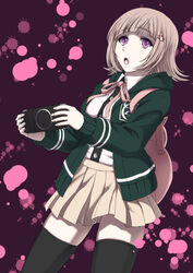  :o backpack bag breasts commentary_request danganronpa_(series) danganronpa_2:_goodbye_despair female galaga hair_ornament handheld_game_console highres hood hoodie iga_tomoteru large_breasts medium_hair nanami_chiaki open_mouth pink_hair playstation_portable pleated_skirt purple_eyes school_uniform skirt solo thighhighs zettai_ryouiki 