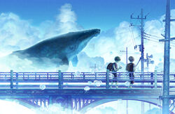  2boys absurdres animal ankle_socks arch backpack bag black_bag blue_sky blue_theme bridge closed_eyes cloud cloudy_sky commentary_request day fantasy flying_whale hekoheko highres horn_speaker jellyfish looking_back male_focus multiple_boys necktie original outdoors paper_airplane postcard power_lines public_address_system railing sailor_collar short_sleeves shorts sky smile socks speaker summer surreal suspension transformer utility_pole walking whale 