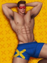  1boy abs armpits arms_behind_head biceps bulge bulging_biceps cyclops_(x-men) drawnpr0n hairy_chest laying_on_back male male_only marvel marvel_comics muscles muscular muscular_male pecs scott_summers shirtless_male short_shorts solo sunglasses x-men yaoi 