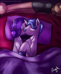  2014 bed blue_hair blush closed_eyes dragk duo equid equine fancypants_(mlp) female feral friendship_is_magic furniture hair hasbro hi_res horn kissing lying male male/female mammal my_little_pony mythological_creature mythological_equine mythology pillow purple_hair rarity_(mlp) romantic romantic_ambiance romantic_couple text unicorn 