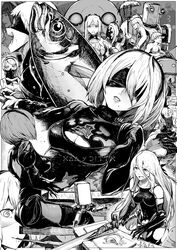  2b_(nier:automata) 3boys 5girls 9s_(nier:automata) a2_(nier:automata) adam_(nier:automata) anemone_(nier:automata) back back_cutout bare_shoulders bikini blindfold blush breasts chopsticks cleavage closed_eyes clothing_cutout commander_(nier:automata) commentary_request covered_eyes cutting_board dark_skin dress eating elbow_gloves emil_(nier) eve_(nier:automata) facing_viewer feather-trimmed_sleeves fish fishing_rod glass gloves greyscale hairband highres holding holding_sword holding_weapon long_hair machine_(nier) mask medium_breasts mole mole_under_mouth monochrome multiple_boys multiple_girls nier:automata nier_(series) open_bikini open_clothes open_mouth operator_21o operator_6o parted_lips pascal_(nier:automata) pod_(nier:automata) polearm short_hair sweatdrop swimsuit sword syatey teeth thighhighs topless trident weapon x-ray yawning 