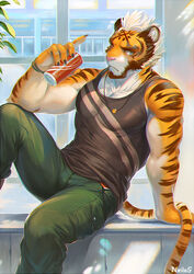  anthro beverage biceps biped blue_eyes bottomwear bracelet brown_body brown_fur claws clothed clothing digital_media_(artwork) felid fully_clothed fur hair jewelry looking_at_viewer male mammal moodraw muscular muscular_anthro muscular_male orange_body orange_fur pantherine pants pecs pink_nose shirt sitting solo stripes tank_top tiger topwear white_body white_fur white_hair wristband 