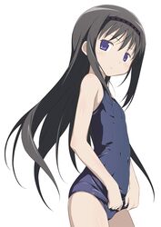  akemi_homura banned_artist black_hair flat_chest hairband long_hair mahou_shoujo_madoka_magica moritan one-piece_swimsuit purple_eyes school_swimsuit skindentation smile solo swimsuit swimsuit_tug 