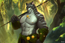  3:2 5_fingers abs anthro biceps big_muscles clothed clothing clothing_around_waist day digital_media_(artwork) ear_piercing felid fingers forest fur grey_body grey_fur half-length_portrait holding_object holding_weapon jewelry looking_at_viewer male mammal melanistic melee_weapon moodraw muscular muscular_anthro muscular_male navel necklace nipples outside pantherine pecs piercing pink_nose plant portrait ring smile solo staff stripes tiger topless tree weapon weapon_on_shoulder white_body white_fur 