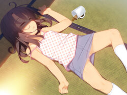  bare_arms bare_shoulders closed_eyes cup denim denim_skirt female female lolicon long_hair lying lyricbox muku_na_kono_ko_to_katte_ni_kazoku_keikaku off_shoulder on_back original panties pantyshot pantyshot_(lying) parted_lips pink_panties polka_dot polka_dot_shirt racer_(magnet) shaded_face skirt sleeping socks solo tarami underwear white_legwear 