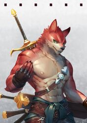  5_fingers abs anthro baldric biceps black_nose canid canine canis claws clothed clothing digital_media_(artwork) fingerless_gloves fingers front_view fur gloves green_eyes half-length_portrait handwear hi_res looking_at_viewer male mammal melee_weapon moodraw muscular muscular_anthro muscular_male nipples pecs portrait red_body red_fur sheathed_weapon simple_background solo stripes sword topless weapon wolf 