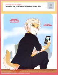  2017 annoyed anthro ask_blog biped blonde_hair cellphone clothed clothing countershading deckland_(tokifuji) dialogue digital_media_(artwork) earbuds electronics english_text facial_piercing fur gesture green_eyes hair hand_gesture headphones jacket looking_at_viewer looking_back looking_back_at_viewer male mammal middle_finger multicolored_body multicolored_fur mustelid musteline phone piercing pink_nose pupils rear_view shaded sitting slit_pupils solo text tokifuji topwear true_musteline tumblr two_tone_body two_tone_fur user_avatar weasel white_body white_fur yellow_body yellow_fur 