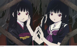  2girls absurdres artbook black_hair black_kimono black_serafuku dual_persona enma_ai hagiwara_hiromitsu hair_in_own_mouth hand_on_another&#039;s_face highres holding holding_another&#039;s_hair holding_hands japanese_clothes jigoku_shoujo kimono lips looking_at_viewer multiple_girls photoshop_(medium) scan school_uniform serafuku silk spider_web upper_body 