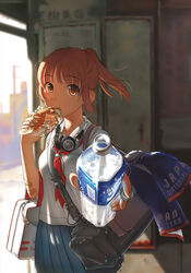  absurdres akg bag bandaid bandaid_on_arm blurry bottle brand_name_imitation brown_eyes brown_hair depth_of_field eating female foreshortening headphones headphones_around_neck highres holding holding_bottle incoming_drink kibina_high_school_uniform kimi_kiss looking_at_viewer neckerchief ootsuka_mahiro outstretched_hand photoshop_(medium) pleated_skirt pocari_sweat ponytail sakino_asuka school_uniform short_hair shoulder_bag skirt solo towel water_bottle 