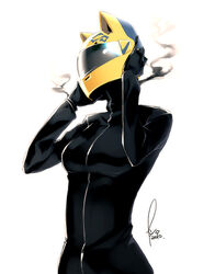  animal_ears animal_helmet biker_clothes bikesuit black_bodysuit black_gloves bodysuit breasts cat_ears celty_sturluson commentary durarara!! female gloves hands_up helmet kyo_(kuroichigo) medium_breasts motorcycle_helmet removing_helmet signature simple_background smoke solo upper_body white_background yellow_headwear 