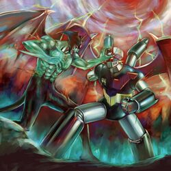  1970s_(style) amputee battle commentary_request creator_connection crossover damaged demon_boy demon_wings devilman devilman_(character) duel fudou_akira grin mazinger_(series) mazinger_z mazinger_z_(mecha) mecha no_humans retro_artstyle robot shin_mazinger_shougeki!_z-hen shin_mazinger_z smile standing storm super_robot wings yusao 