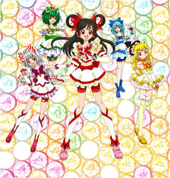  5girls alternate_hairstyle bad_id bad_pixiv_id black_hair blonde_hair blue_hair blue_shorts boots butterfly_brooch cirno cosplay cure_aqua cure_aqua_(cosplay) cure_dream cure_dream_(cosplay) cure_lemonade cure_lemonade_(cosplay) cure_mint cure_mint_(cosplay) cure_mint_pose cure_rouge cure_rouge_(cosplay) detached_sleeves dress eyelashes fujiwara_no_mokou green_hair green_shorts grey_hair hair_ornament hair_ribbon hakurei_reimu hat kazami_yuuka kirisame_marisa legs magical_girl multicolored_background multiple_girls parody power_connection precure red_eyes red_shorts ribbon shio_(pesante) shoes short_hair shorts shorts_under_skirt smile style_parody thighhighs touhou yellow_eyes yes!_precure_5 yin_yang zettai_ryouiki 