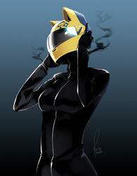  animal_ears animal_helmet biker_clothes bikesuit black_bodysuit black_gloves bodysuit breasts cat_ears celty_sturluson commentary durarara!! female gloves gradient_background hands_up helmet kyo_(kuroichigo) medium_breasts motorcycle_helmet removing_helmet signature smoke solo upper_body yellow_headwear 