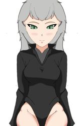  anuvisur_(artist) blush breasts dress green_eyes grey_hair hair hands_behind_back happy no_panties no_underwear one-punch_man simple_background sitting smaller_female suggestive_pose tatsumaki_(cosplay) white_background white_body wide_hips 