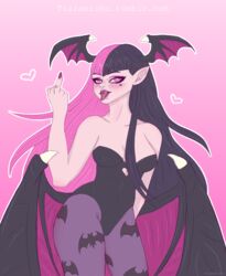  1girls bat_print black_hair black_pantyhose body_blush bodysuit cosplay darkstalkers demon_wings draculaura draculaura_g3 fangs head_wings heart_cutout leotard lingerie looking_at_viewer monster_girl monster_high monster_high_g3 morrigan_aensland morrigan_aensland_(cosplay) pantyhose pink_background pink_body pink_eyes pink_hair solo solo_female succubus tongue tongue_out vampire vampire_girl vampire_savior wide_hips wings 