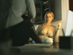  2girls 3d 3d_(artwork) annette_birkin blonde_female blonde_hair blonde_hair_female capcom cleavage clothed_female crossed_legs female_doctor female_scientist mature_female milf nipple_bulge nipples_visible_through_clothing office resident_evil resident_evil_2 resident_evil_2_remake revealing_clothes sitting_on_table unseen_character unseen_female_face word2 