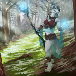  1:1 anthro blue_eyes canid canine canis claws clothed clothing cloud conditional_dnp danza detailed_background evergreen_tree fantasy feathers female forest fur hair healer hi_res magic magic_user mammal melee_weapon nature outside pine_tree plant polearm sky smile solo staff teeth tree weapon wolf 