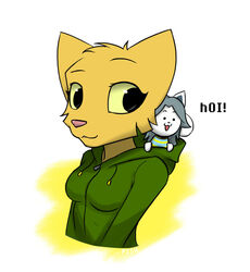  anthro canid canine clothing crossover duo felid female fur grey_hair hair happy hoodie katia_managan khajiit mammal microsoft prequel_adventure sharkcatsg simple_background smile tem temmie_(undertale) text the_elder_scrolls topwear undertale undertale_(series) white_body white_fur yellow_body yellow_fur 