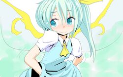  aqua_dress aqua_eyes aqua_hair ascot blush commentary_request daiyousei dress fairy_wings female hair_ribbon hand_under_clothes hand_under_dress ishikkoro puffy_sleeves ribbon shirt short_sleeves side_ponytail solo touhou wavy_mouth wings 