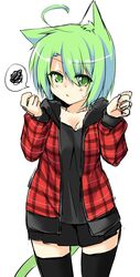  ahoge animal_ears black_thighhighs blush cat_ears cat_tail commentary_request dodome-iro_mayonnaise female green_eyes green_hair hood hood_down hoodie looking_at_viewer open_clothes open_hoodie original plaid sharon_(dodomayo) short_hair simple_background solo spoken_squiggle squiggle tail thighhighs white_background 