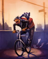  2017 anarchy_symbol anthro armor athletic athletic_anthro athletic_male bent_over bicycle black_nose bmx boots bottomwear brown_nose bullet_hole canid canine clothed clothing cycling denim denim_bottomwear denim_clothing domestic_cat duo eyewear fangs felid feline felis footwear fox front_view fully_clothed fur goggles gregg_lee hair happy headgear helmet hi_res jacket jeans mae_borowski male mammal night_in_the_woods open_mouth orange_clothing orange_shirt orange_t-shirt orange_topwear outside pants paper pickelhaube pink_tongue shirt snout standing t-shirt teeth tongue topwear torn_bottomwear torn_clothing torn_jeans torn_pants trunorth vehicle whiskers 