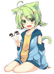  :d ahoge alternate_hairstyle animal_ears blush cat_ears cat_hair_ornament cat_tail commentary_request dated detached_sleeves dodome-iro_mayonnaise female flat_chest green_eyes green_hair hair_ornament hairclip hood hood_down hoodie open_clothes open_hoodie open_mouth original sharon_(dodomayo) short_hair short_twintails simple_background sleeveless sleeveless_hoodie smile solo tail twintails v white_background 